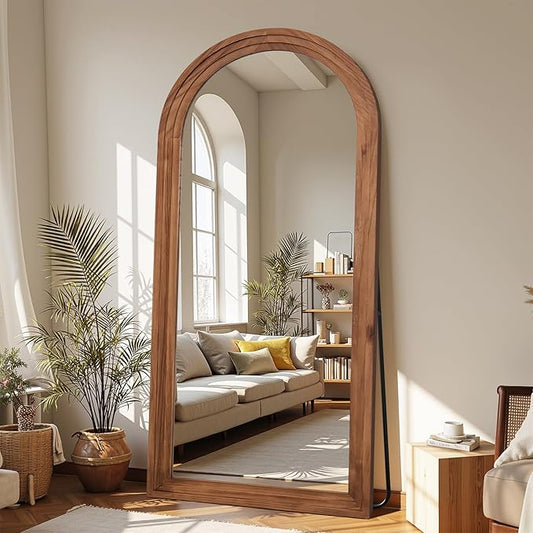 Antok Full Length Mirror with Solid Wood Frame, 71"×32" Wall Mounted Oversized Floor Mirror with Stand, Leaning Standing Hanging for Bedroom Living Room Entryway, Browm, Arched Syle