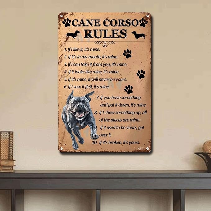 Metal Sign Tin Sign Vintage Wall Art Cano Corso Rules Garden Tin Signs for Restaurant 8×12 Inches