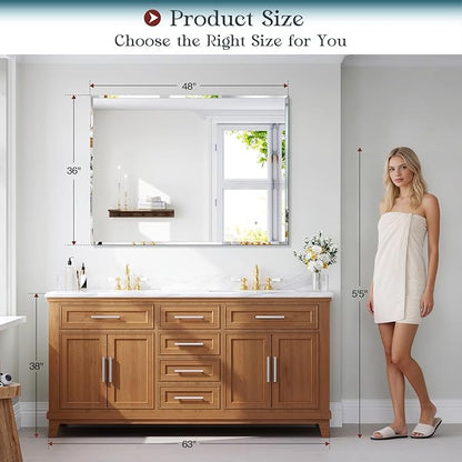 Frameless Bathroom Mirror for Wall, 36"x48" Beveled Bathroom Vanity Mirror, Wall Mount Mirrors for Bedroom Entryway Living Room Hangs Horizontally or Vertically