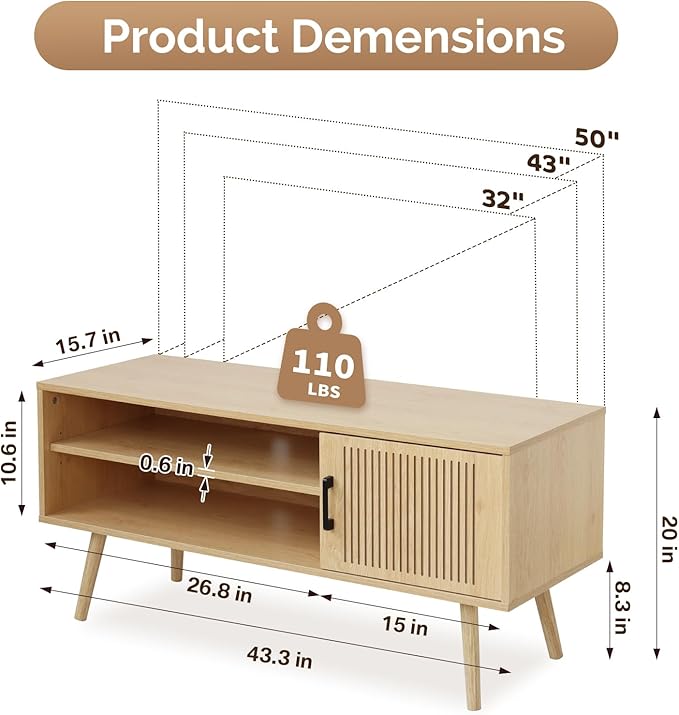 Modern TV Stand for 50 Inch TV, Entertainment Center with Storage Cabinets and Adjustable Shelf, Solid Wood Feet, Cord Holes, Groove Stripe Media TV Console Table for Living Room Bedroom