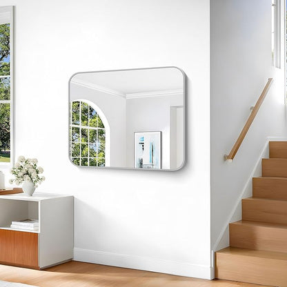 Silver Bathroom Mirror, 30 x 36 Inch Metal Framed Silver Rectangle Mirror, Rounded Corner Rectangular Vanity Mirror, Wall Mounted Mirror for Living Room Bedroom Entryway Horizontal/Vertical