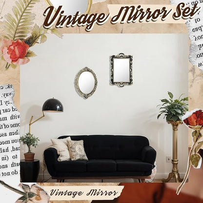 Beeveer 2 Style Vintage Mirrors Set Decorative Oval Wall Mirror Small Antique Mirrored Tray Decorative Hanging Mirror for Bathroom Bedroom Jewelry Organizer Victorian Decor (Square,Antique Gold)