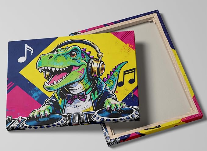12x16 Pop DJ Dinosaur Canvas Wall Art Prints, Graffiti T-Rex Music Decor with Headphone & Turntable, Colorful Wall Painting for Teen Boy/Kids Bedroom, Child Home Painting Vibrant Hanging Game Poster