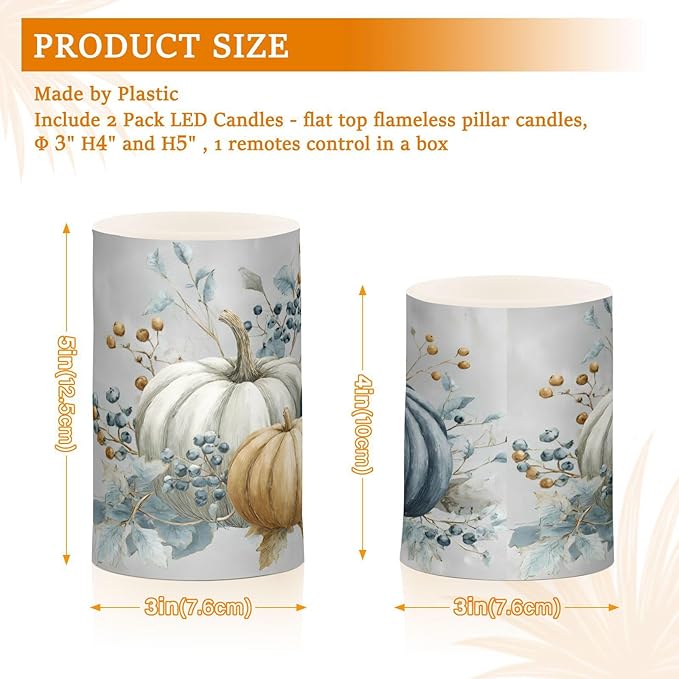 Thanksgiving Fall Autumn Pumpkin Blues Flickering Flameless Candles Battery Operated with Remote Timer,Tea Light Candles LED Pillar Votive Candles Set of 2 for Outdoor Indoor Decorations