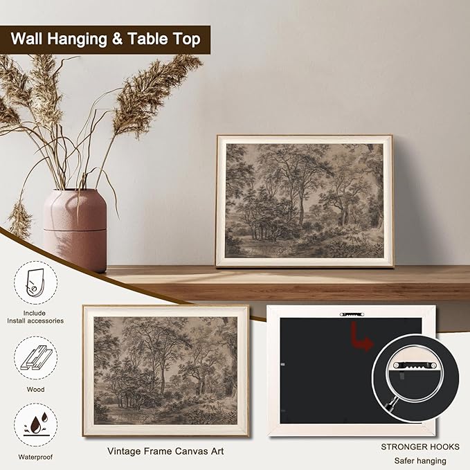 Framed Canvas Wall Art for Living Room Decor, Vintage Neutral Brown Woodland Landscape Painting Farmhouse Canvas Prints Artwork, Antique Wall Pictures Decor for Bedroom Gallery Office, Bathroom Wall Decor - 16x24Inch