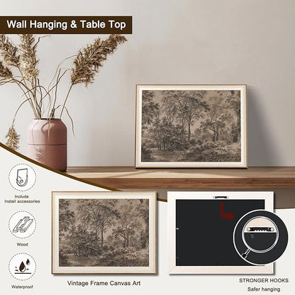 Framed Canvas Wall Art for Living Room Decor, Vintage Neutral Brown Woodland Landscape Painting Farmhouse Canvas Prints Artwork, Antique Wall Pictures Decor for Bedroom Gallery Office, Bathroom Wall Decor - 16x24Inch