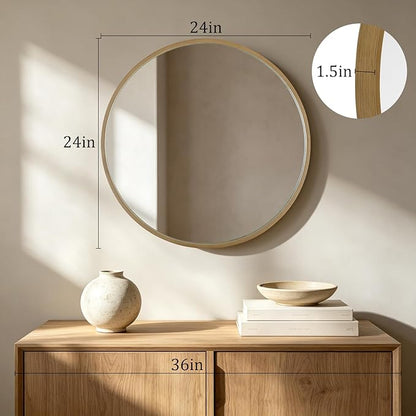 HOMECOOKIN Round Wood Mirror 24 inch Circle Mirror, Rustic Farmhouse Wooden Framed Decorative Wall Decor, Vanity Wall Mirror for Bathroom, Bedroom, Entryway, Living Room (Natural)