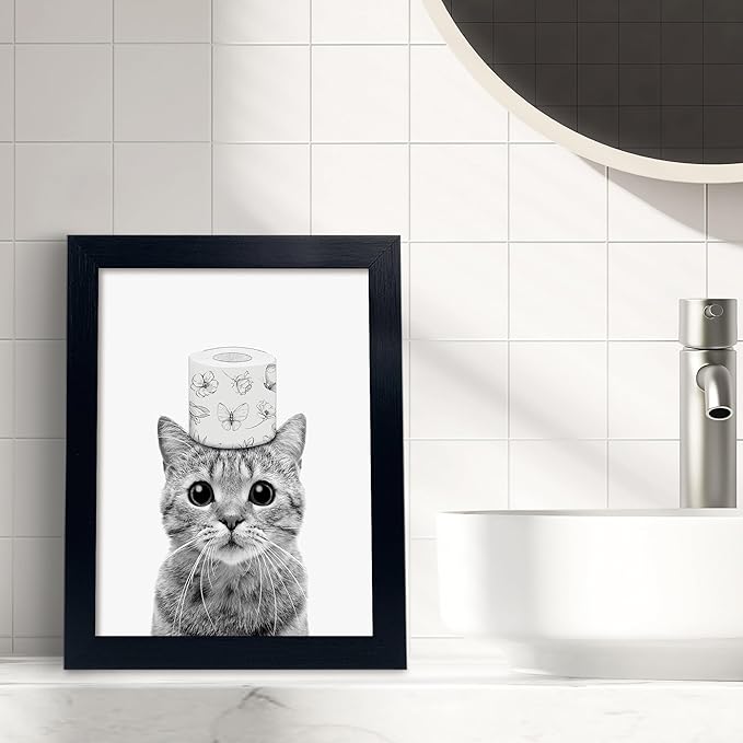 Toilet Paper Prints - Cute Cat Wall Decor - Funny Black and White Bathroom Pictures Canvas Art - Home Decor for Bathroom