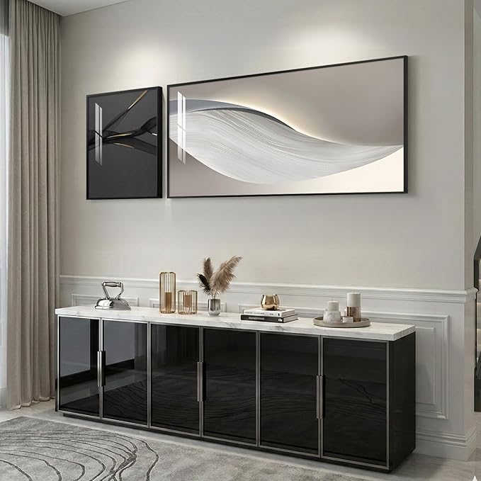 Extra Large Framed Modern Abstract Wall Art for Living Room, Set of 2 Long Horizontal Prints Paintings, Minimalist Black White and Silver Gray Pictures for Hallway Bedroom Dining Room Office Wall Decor