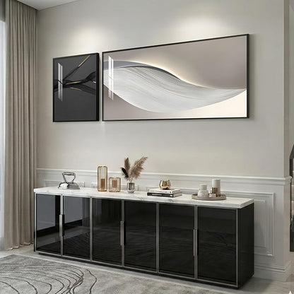 Extra Large Framed Modern Abstract Wall Art for Living Room, Set of 2 Long Horizontal Prints Paintings, Minimalist Black White and Silver Gray Pictures for Hallway Bedroom Dining Room Office Wall Decor