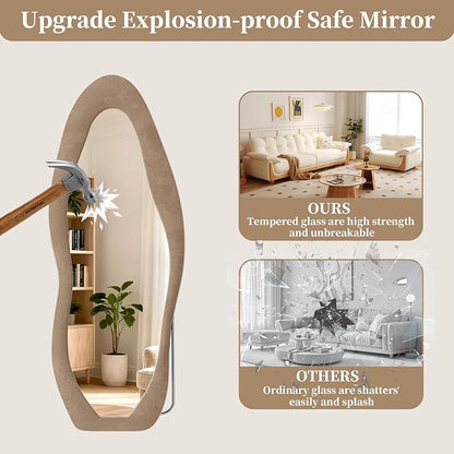 Irregular Full Length Mirror, 63"x24" Flannel Full Body Mirrors, Velvet Floor Mirrors with Stand, Irregular Wavy Mirror Hanging or Leaning Against Wall for Bedroom Living Room, Brown