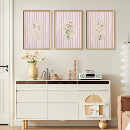 Youillne Pink Flower Wall Art Striped Floral Prints Botanical Canvas Wall Decor Aesthetic Pictures Pastel Pink Floral Poster Minimalist Flower Painting for Girl Room 16x24 Inch Unframed Set of 3