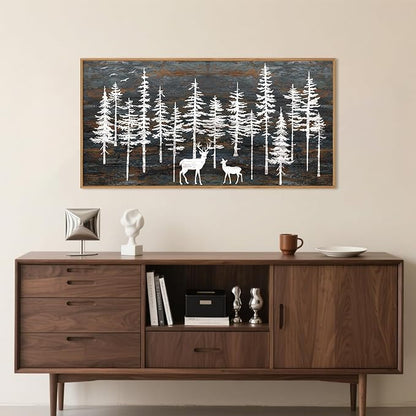 Modern White Forest Framed Canvas Wall Art Set, Minimalist Woodland Art Painting, Retro Tree Landscape Wall Decor, Wildland Deer Artwork for Living Room, Dining Room, Office-20 x40