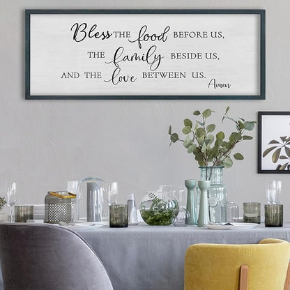 FZMHASLWW Dining Room Wall Decor Christian Blessing Bless the Food Family Love Bible Verse Sign 32"×12" Farmhouse Scripture Prayer for Religious Kitchen Rustic Framed Wall Hanging Art (Black)