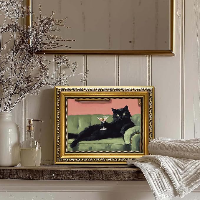 YD&YZY Gold Framed Funny Cat Wall Art Canvas Black Cat Martini Vintage Quirky Humor Bar Cart Wall Decor Cute Animal Painting Picture Print Artwork for Bedroom Living Room Bathroom 8x10 inch Small Framed