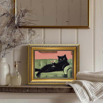 YD&YZY Gold Framed Funny Cat Wall Art Canvas Black Cat Martini Vintage Quirky Humor Bar Cart Wall Decor Cute Animal Painting Picture Print Artwork for Bedroom Living Room Bathroom 8x10 inch Small Framed