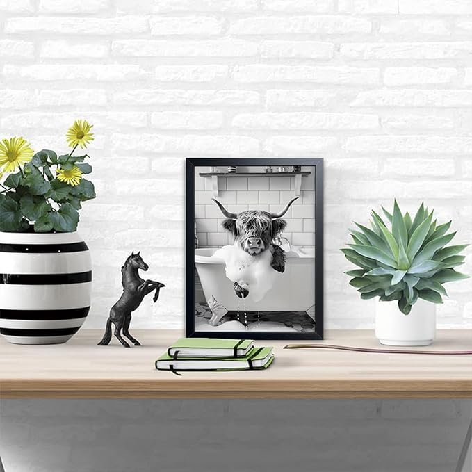 Highland Cow Bathroom Wall Art, Cute Black and White Animal Wall Decor Painting, Highland Cow in Bathtub Farmhouse Canvas Print Picture, Funny Bathroom Restroom Decor 8x10 Inch Wood Framed