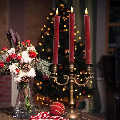 Red Flameless Taper Candles Battery Operated with 6H Timer, Real Wax 3D Wick Flickering LED Taper Candles Dinner Wedding Holiday Decor(6 Pack, 0.78 x 9.64 Inches)