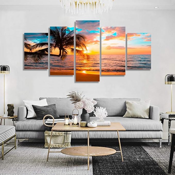 Abstract Ocean Photo Painting Poster Printed Abstract Landscape Blue Sky Screen Beautiful Ocean Beach Wall Art Canvas Print Framed Picture Painting for Room Home Decorations (C-5pcs,80"x40")