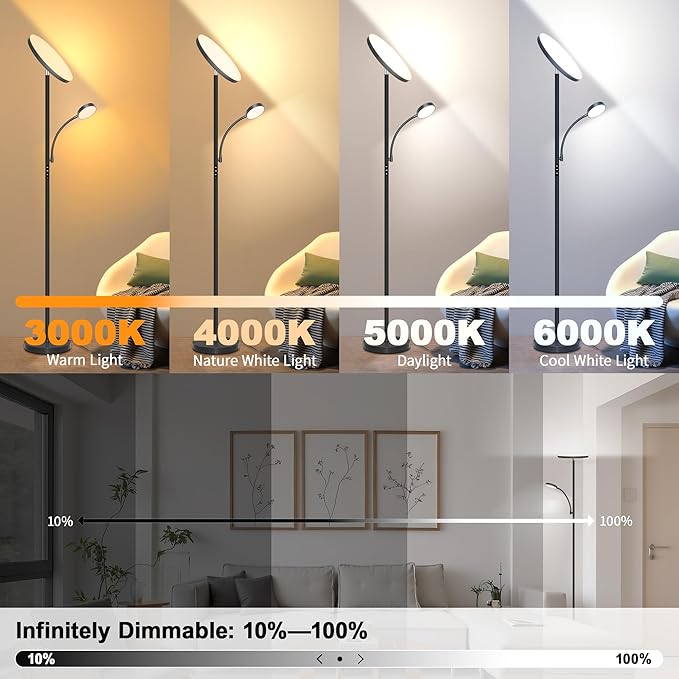 Floor Lamp-42W/4200LM Super Bright Floor Lamp,Dimmable 2-in-1 LED Floor Lamp for Bedroom,Torchiere Floor Lamps with Remote & Touch Control,69" Tall Standing Lamp for Living Room,Office,Reading,Black