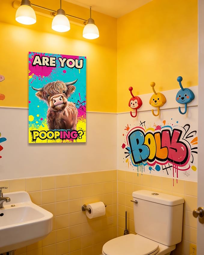 Funny Highland Cow Bathroom Canvas Wall Art Prints, Are You Pooping Sign, Colorful Pop Art Toilet Poster for Washroom, Graffiti Humorous Restroom Wall Decor, 16x24 Inch Framed Painting Ready to Hang