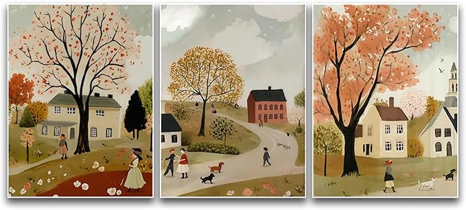 Autumn Wall Art Set of 3 Boho Vintage Cozy Rustic Autumn Tree Small Town Scene Walking Figure Dog Warm Tone Home Living Room Bedroom Nature-Themed Stylish Interior Decor Accent 12x16 Inch Unframed