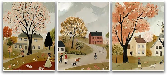 Autumn Wall Art Set of 3 Boho Vintage Cozy Rustic Autumn Tree Small Town Scene Walking Figure Dog Warm Tone Home Living Room Bedroom Nature-Themed Stylish Interior Decor Accent 12x16 Inch Unframed