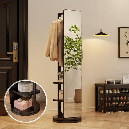 WoodsWhisper Full Length Mirror Coat Rack Solid Wood Floor Mirror 66"x12" Full Length Mirror with Stand Long Mirrors for Bedroom,Living Room (Black, 66" Lx12 W)