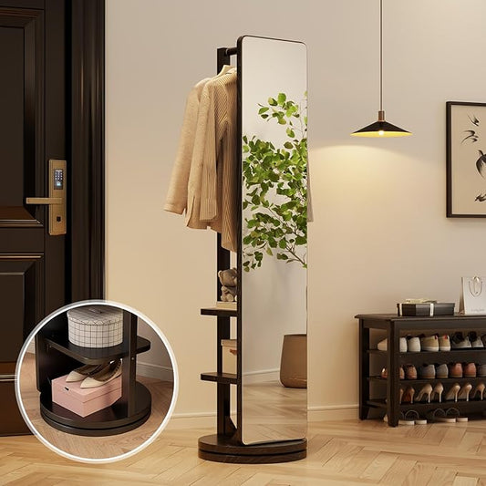 WoodsWhisper Full Length Mirror Coat Rack Solid Wood Floor Mirror 66"x12" Full Length Mirror with Stand Long Mirrors for Bedroom,Living Room (Black, 66" Lx12 W)