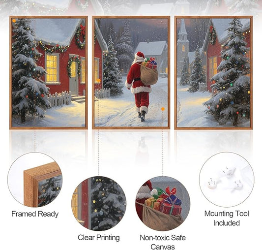 Aurlan Santa Claus is Coming to Town Framed Wall Art(16"x24"), 3PCS Vintage Christmas Winter Holiday Canvas Artwork, Large Xmas Snow Forest Cabin Cottagecore Decor for Home Office Bedroom