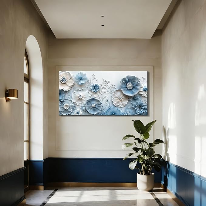 SERIMINO Extra Large Wall Art, Floral Wall Decor, Modern Wall Art, Blue and White Flowers Picture, Nature Botanical Prints, Oversized Paintings for Living Room Dining Room Hallway Office Hotel 29"x57"