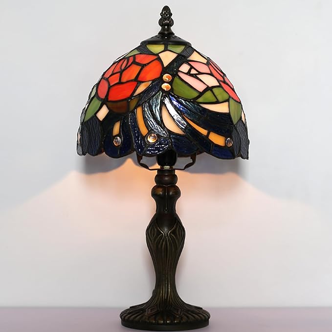 Tiffany Style Lamp Stained Glass Table Lamp 8" x 14.5" Mini Accent Light Pink Red Rose Feather Design Small Decorative Bedside Bedroom Living Room Memory Lamp