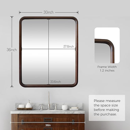 Bathroom Mirror for Wall,Wood Rectangle 30 x 36 inch Hanging Vatiny Tempered Mirrors with Rounded Corner for Living Room,Bedroom,Entryway