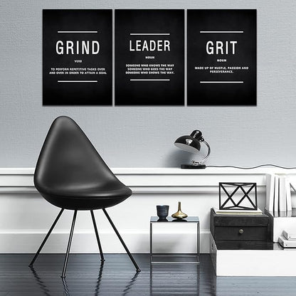 Motivational Grind Grit Leader Wall Art, Canvas Painting Wall Decor Inspirational Posters Prints for Living Room Bedroom, Office Decor, Gallery-Wrapped Canvas Art Set Framed Easy Hang- 12"Wx16"Hx3PCS
