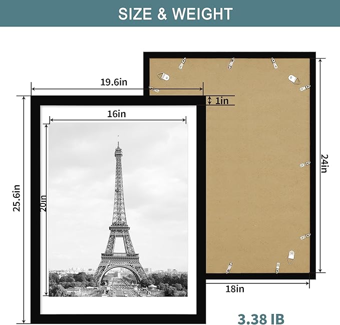 iRahmen 18x24 Poster Frame with 16x20 Mat - Plexiglass Wooden Picture Frames for Photo Wall Gallery Mounting (Pure Black, Set of 2)