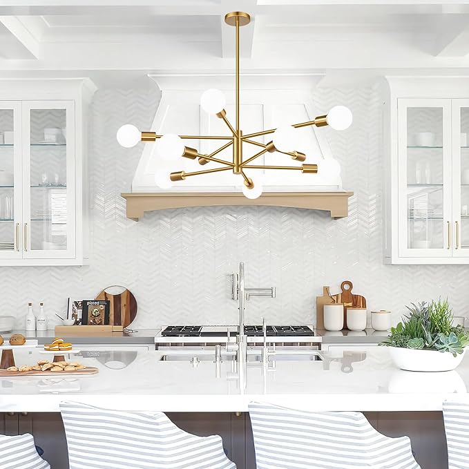 10.9"-52.3" Height Adjustable Sputnik Chandeliers Dining Room Light Fixture (10-Light, 32-Inch), Modern Brushed Gold Chandelier, Mid Century Modern Chandeliers for Bedroom Kitchen (Bulbs Not Included)