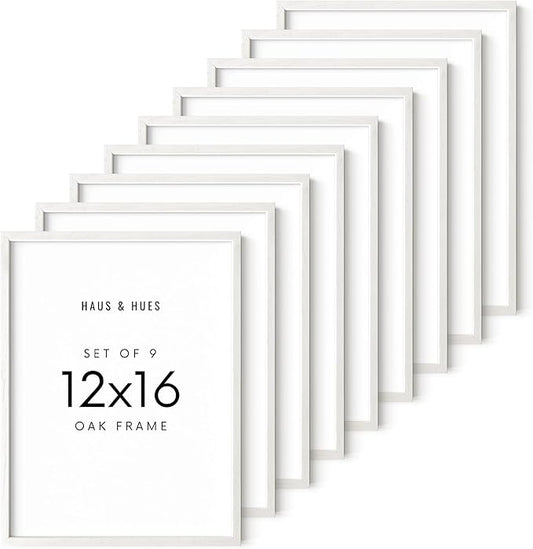HAUS AND HUES White Oak Wood 12x16 Picture Frames - Set of 9, Contemporary Frames for Posters and Prints