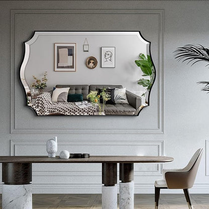 POZINO Scalloped Beveled Mirror, 30"x48" Modern Rectangle Mirrors for Over Sink, Large Wavy Decorative Mirrors, Irregular Shaped Mirror for Vanity Bathroom Living Room Bedroom Fireplace Entryway