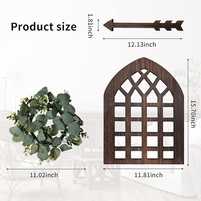 Rustic Wood Window Frame with Green Wreath and Arrows Wall Decor，Farmhouse Hanging Decor, Wooden Fake Decoration,Window Pane Wall Decor,Set of 2 (windows brown)