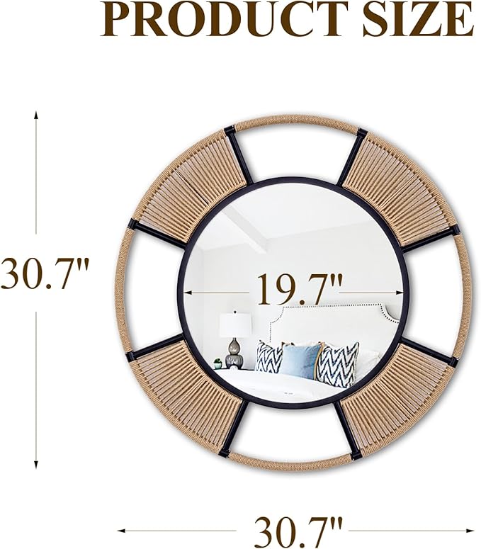 Round Wall Mirror for Wall Decor, 30.5'' Boho Mirror for Dining Room with Detachable Rattan and Black Metal Frame, Round Mirror for Living Room Bathroom Beach Decor