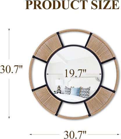 Round Wall Mirror for Wall Decor, 30.5'' Boho Mirror for Dining Room with Detachable Rattan and Black Metal Frame, Round Mirror for Living Room Bathroom Beach Decor