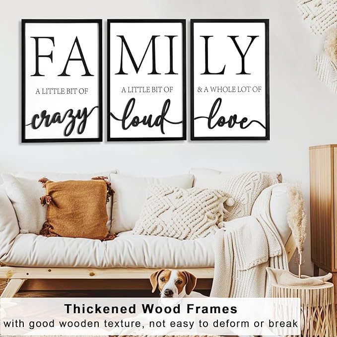 3D Wood Family Wall Decor, 48" x 24" Framed Family Sign Wall Art, 3D Pictures for Living Room (Ready to Hang, 16x24 inches, Set of 3, Framed)