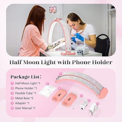 LIONVISON Half Moon Light for Nail Tech: 31 inch Lash LED Lamp with Phone Holder - 48W Foldable Arch Lights for Eyelash Tech - Manicure Handicraft Lighting for Spa,Salon