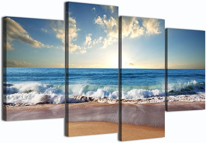 Yatsen Bridge Modern Landscape Painting on Canvas 4 Piece Beach Ocean Pictures Wall Art for Living Room Home Decor Wooden Framed Stretched Ready to Hang (48’’W x 36’’H)
