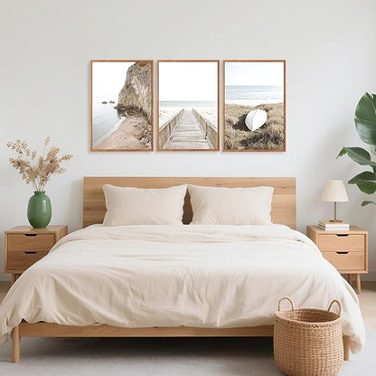 Aurlan Neutral Beach Coastal Framed Wall Art(16"x24"), 3PCS Boho Ocean Shore Waves Bridge Pathway Boardwalk Sailboat Canvas Artwork, Large Abstract Modern Seaside Seascape Landscape Nautical Decor for Bedroom Living Room
