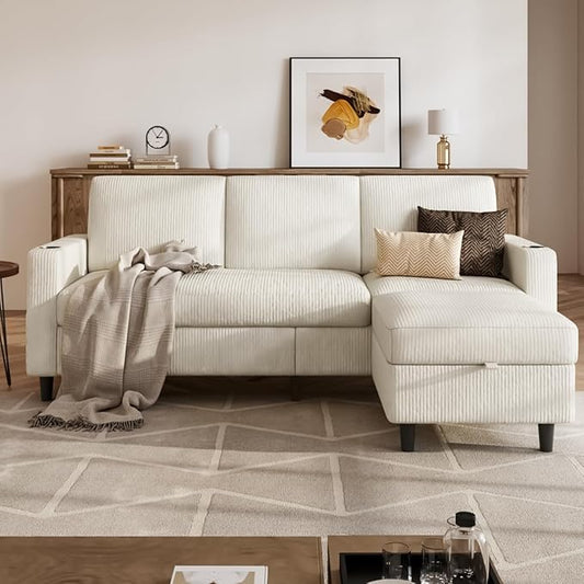 Convertible Sectional Couches for Living Room, 3 Seats L Shaped Sofa with Storage Ottoman and 2 Cup Holders, Modern Corduroy Couch Small Sofas for Small Space Apartment Office, Beige