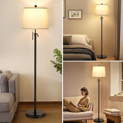 JUNNAI Black Floor Lamps for Living Room Adjustable Height Standing Lamp Modern Tall Pole Lamps for Bedroom Office with White Linen Shade 3 Color Temperature 9W LED Bulb Included