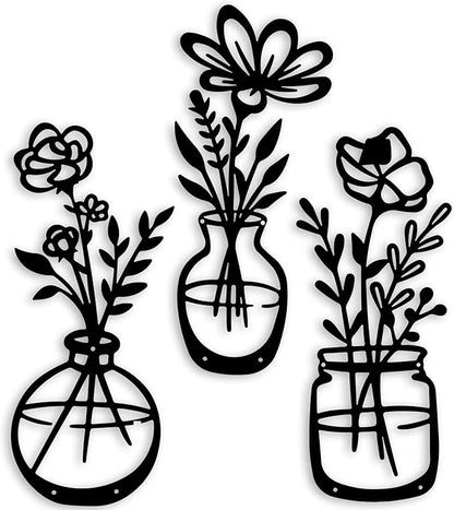 3 Pieces Black Metal Flowers Wall Decor Grandma Mothers Day Gift Birthday Gifts for Women Wall Art Metal Wall Sculptures Hanging for Indoor Kitchen Bathroom Bedroom living room 14.56x5.9 inches