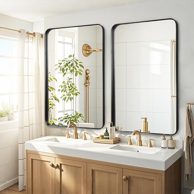 Blck Bathroom Mirror for Over Sink - 20x40 Inch Metal Framed Round Corner Bathroom Mirror for Wall, Matte Large Vanity Mirror for Restroom, Entryway, Hanging Vertically or Horizontally