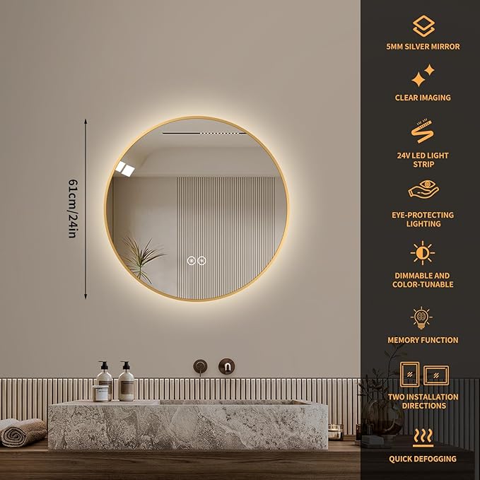 LAIYA 24 Inch Round LED Bathroom Mirror with Lights, Gold Aluminum Frame, Anti-Fog Dimmable Backlit Vanity Mirror, 3 Color Temperature, Memory Function, Wall Mounted Lighted Bathroom Mirror